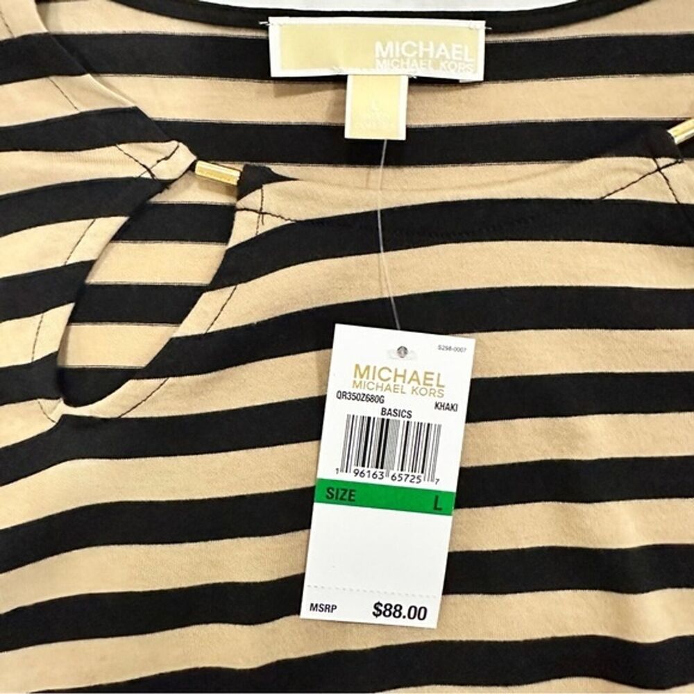 Michael Kors Womens Black Khaki Striped Blouse Size Large Long Sleeve - Picture 3 of 7